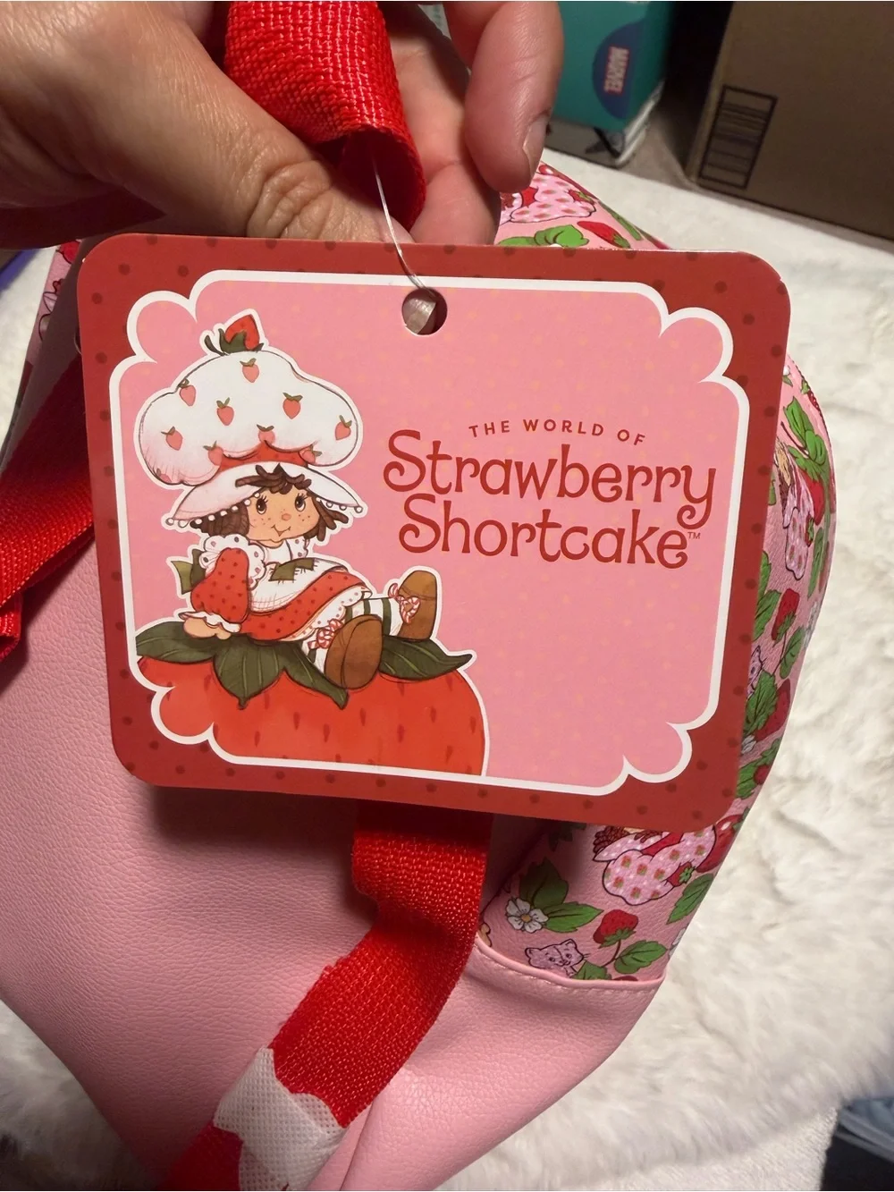 Pink Strawberry Print Kids Backpack with Red Accent
